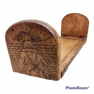 Expandable Book Rack Hand Carved Wood Folding Bookends Vintage Pyrography